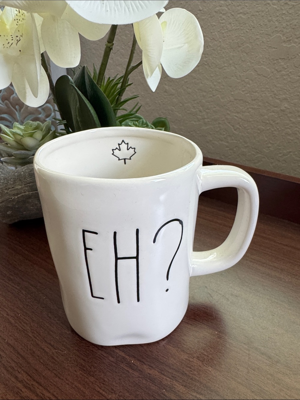 Rae Dunn White 'EH?' Ceramic Mug with Maple Accent